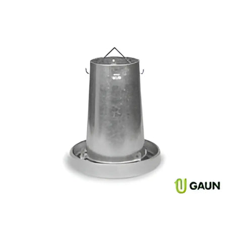 Silver metallic gaun metal hanging feeder with cylindrical body flat tray base and hanging loop for poultry feeding