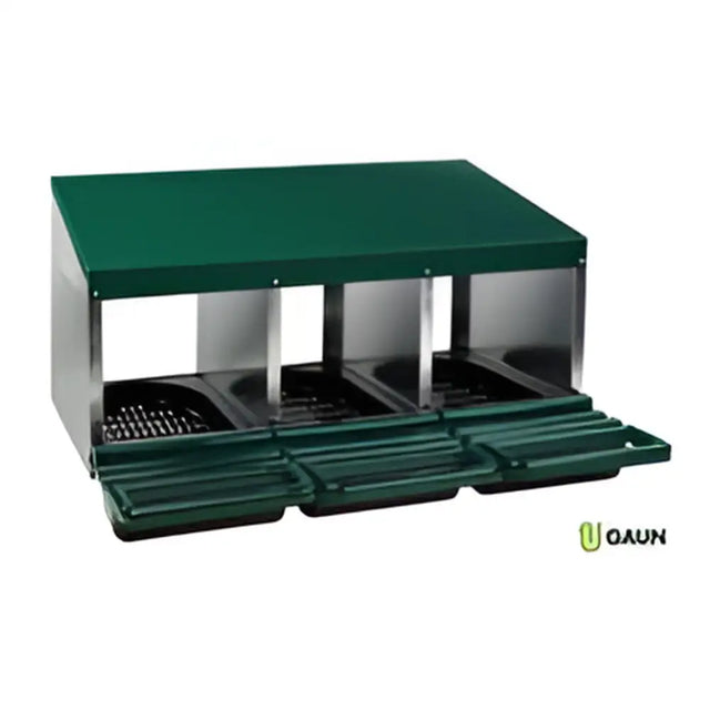 Green gaun plastic tray with three compartments and matching lid designed for laying nest seedling use