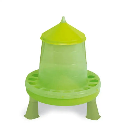 Bright green gaun poultry feeder plastic with yellow conical top and circular base durable plastic feeder with slots