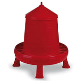 Red gaun poultry feeder with durable plastic legs red tough conical top and circular base with multiple feeding slots