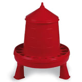 Red gaun poultry feeder made of durable plastic with tough red legs and a conical top with multiple feeding slots