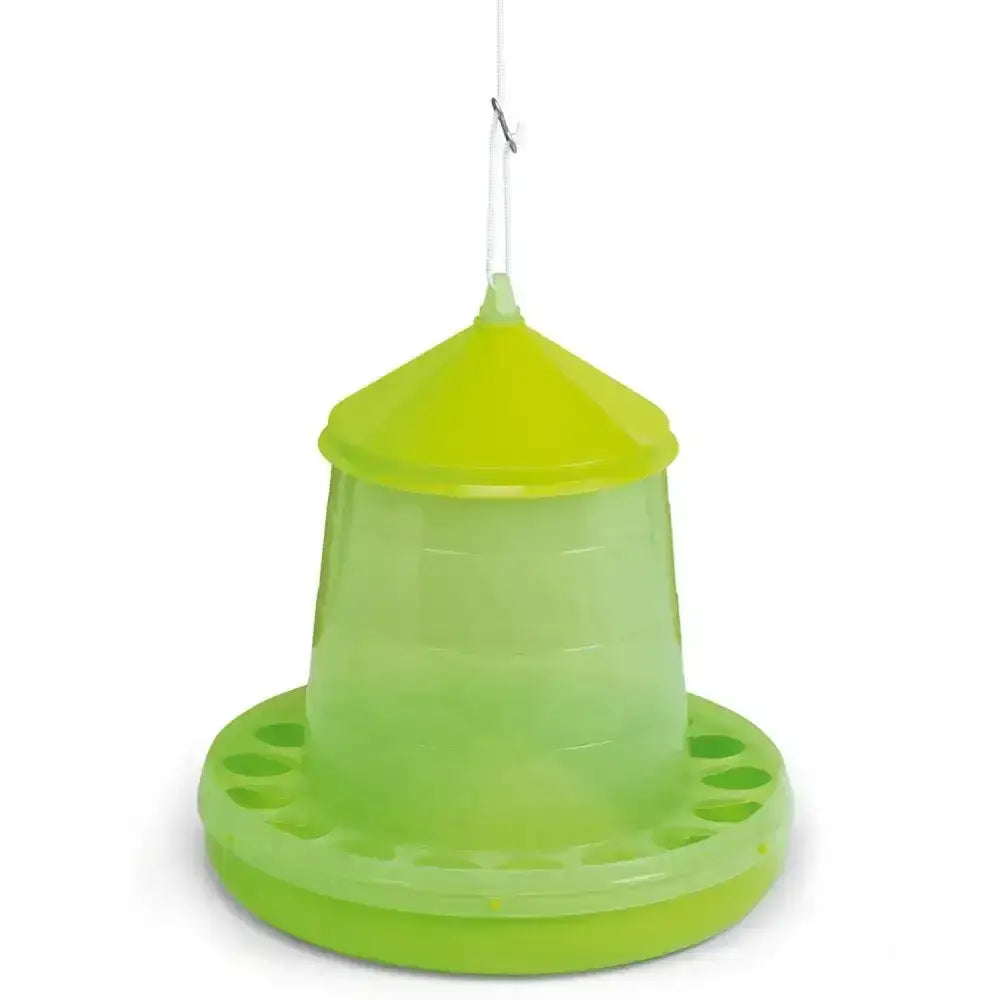 Bright lime-green gaun poultry feeder made of durable plastic with a conical top and multiple feeding holes base