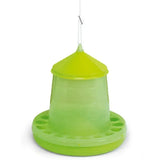 Bright lime-green gaun poultry feeder made of durable plastic with a conical top and multiple feeding holes base