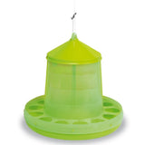 Bright lime green gaun poultry feeder with durable plastic conical top and circular base for easy feeding slots