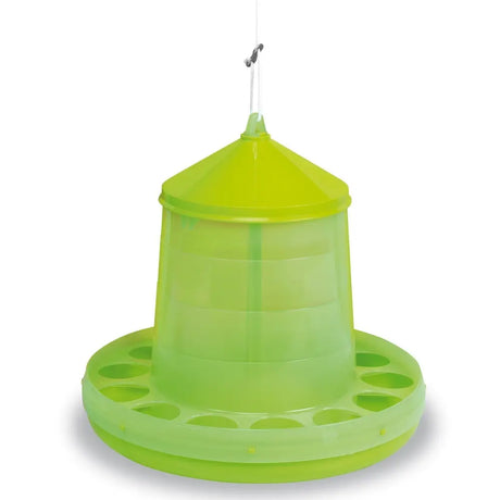 Bright lime green gaun poultry feeder with durable plastic conical top and circular base for easy feeding slots