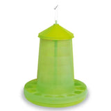 Bright lime-green gaun poultry feeder made of durable plastic with conical top and multiple feeding slots for easy use
