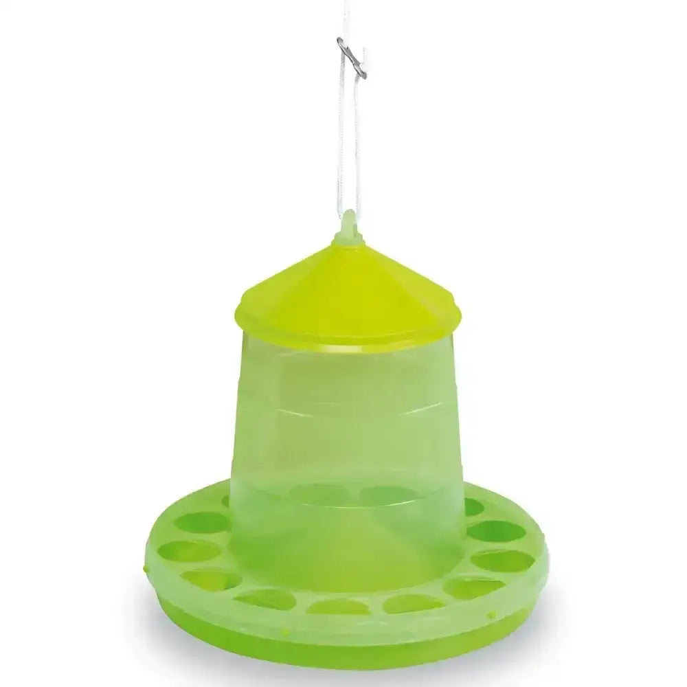 Bright lime green gaun poultry feeder plastic with conical top and circular base durable plastic feeder with slots