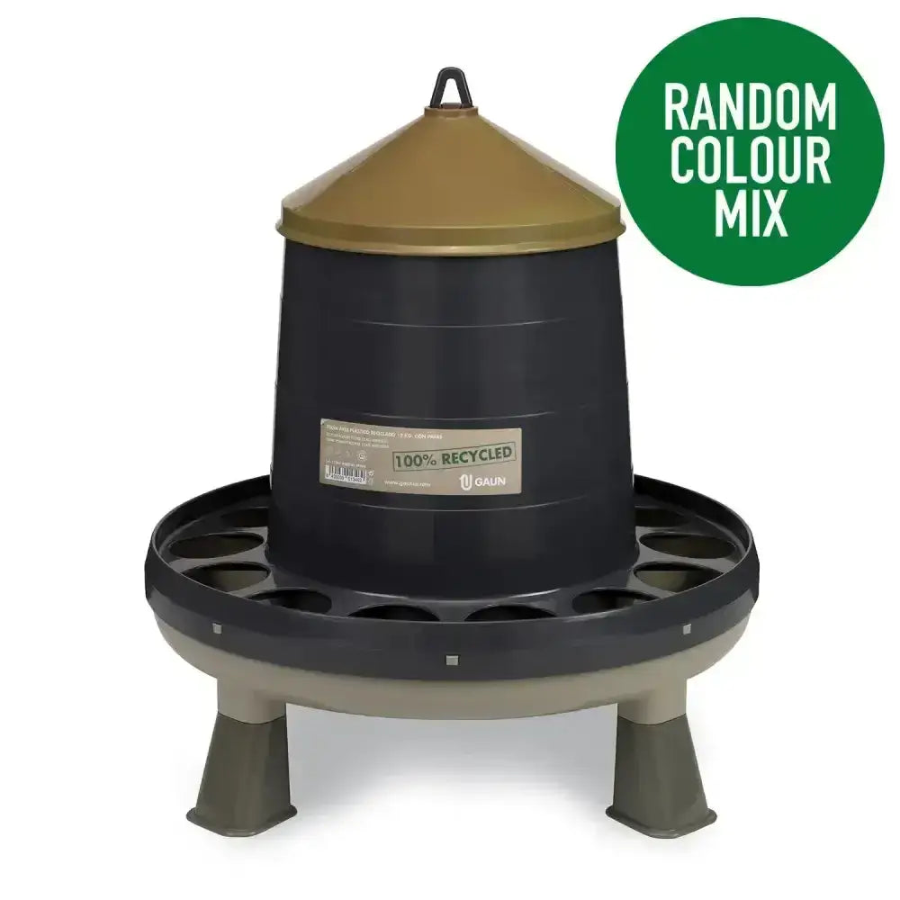 Black and gold gaun poultry feeder plastic made from recycled plastic range with conical top and four sturdy legs