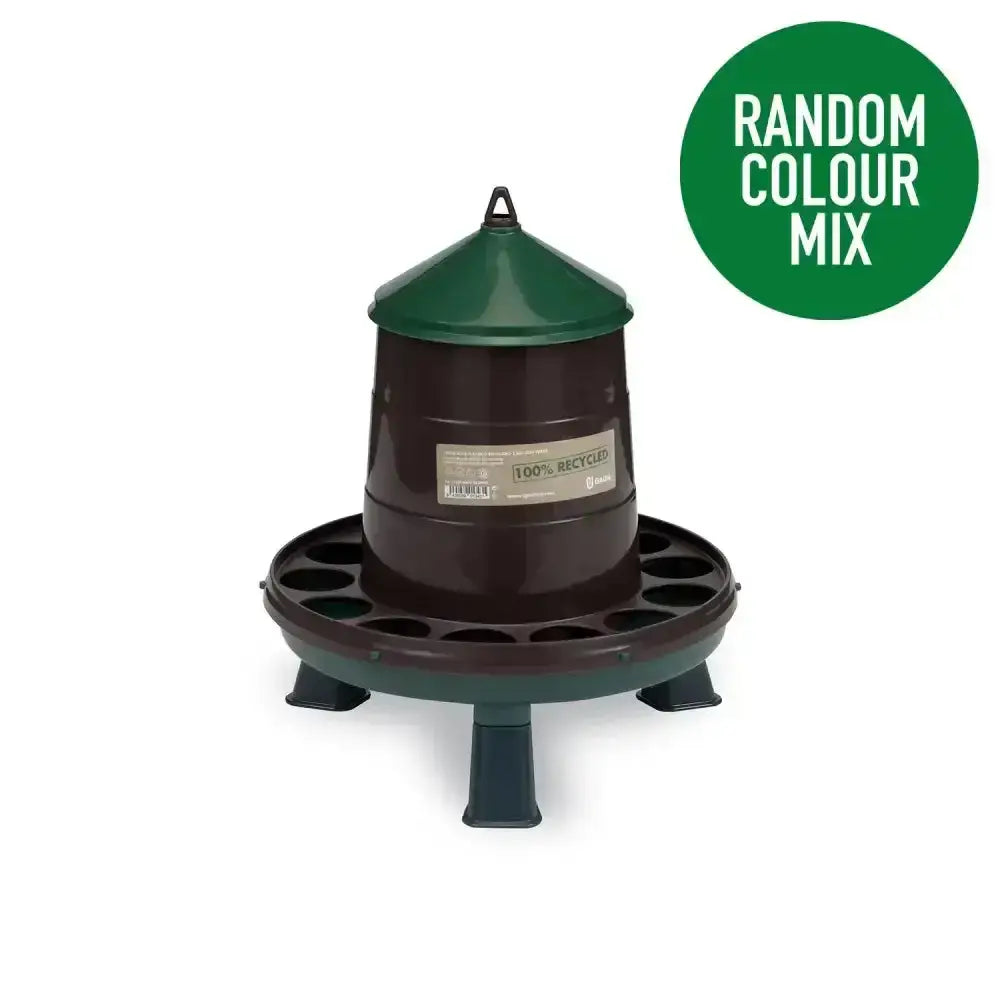Dark brown and green gaun poultry feeder plastic recycled plastic range with conical top and legs for stability
