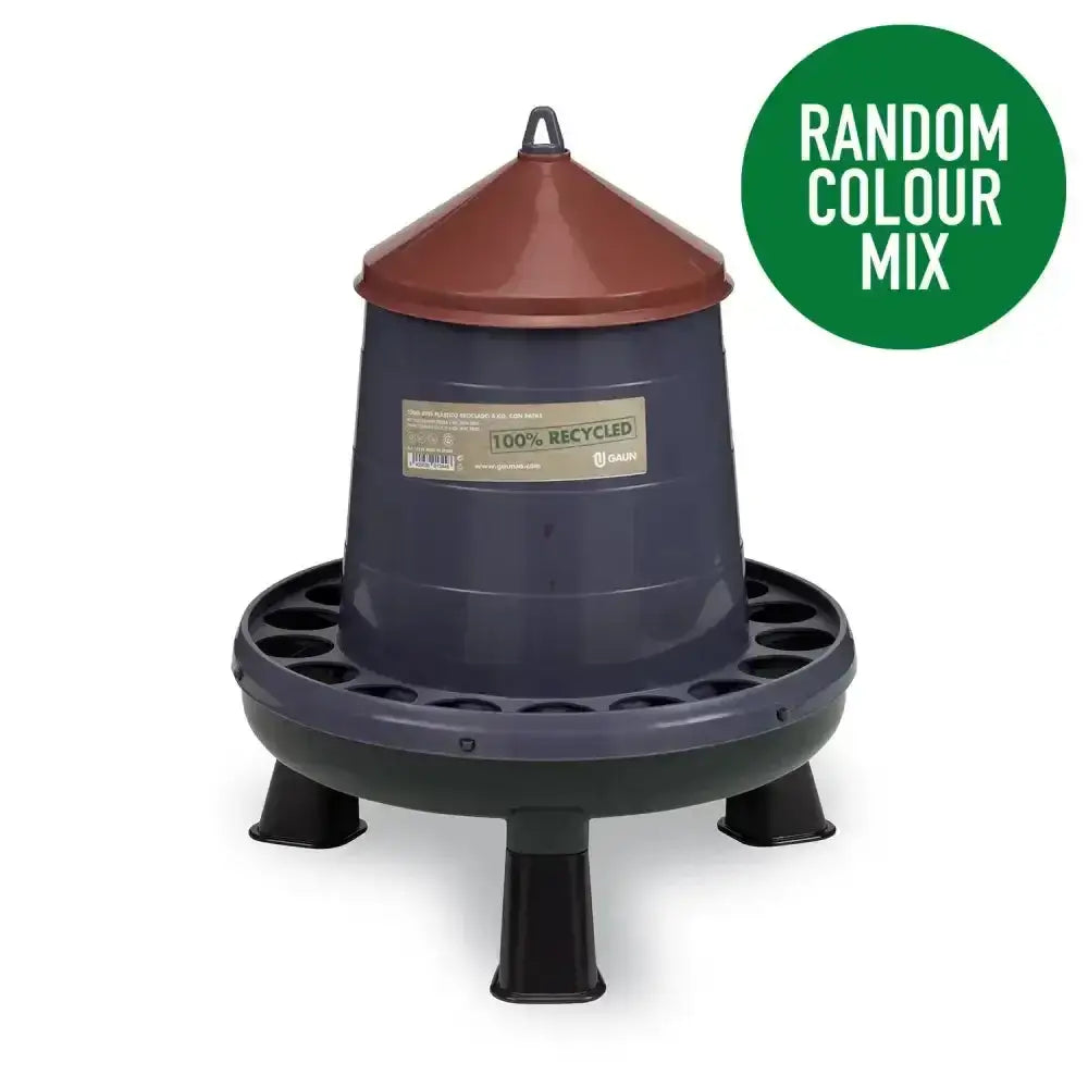 Dark gray and brown gaun poultry feeder plastic recycled plastic range with conical top circular base and four legs