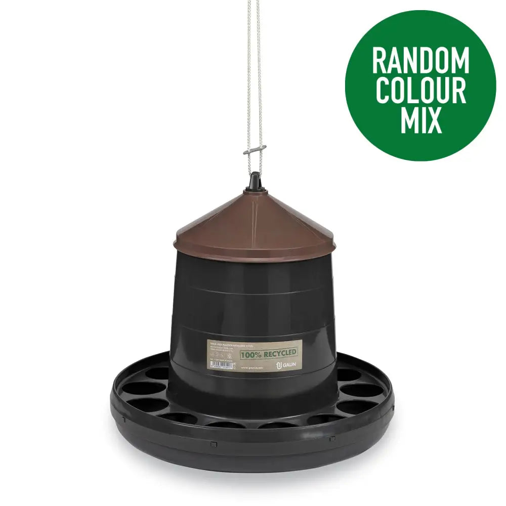 Black and brown gaun poultry feeder plastic recycled with circular base and multiple feeding slots for livestock