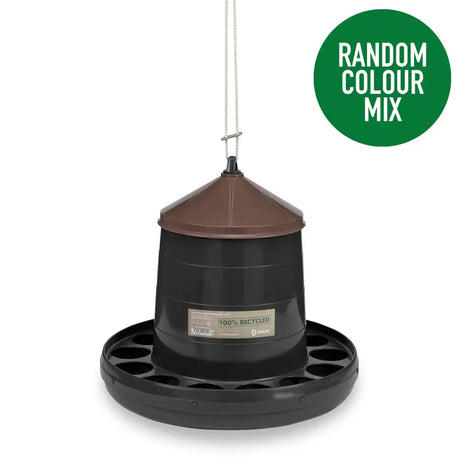 Black and brown gaun poultry feeder plastic recycled with circular base and multiple feeding slots for livestock