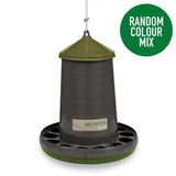Olive green and dark grey gaun poultry feeder plastic made from 100 percent recycled plastic range with conical top and feeding holes