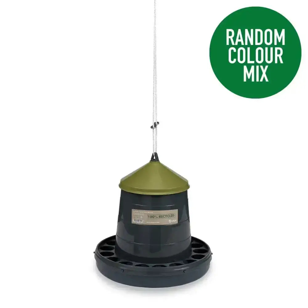 Olive-green and dark grey gaun poultry feeder plastic made from recycled plastic range with conical top and hanging cord
