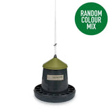 Olive-green and dark grey gaun poultry feeder plastic made from recycled plastic range with conical top and hanging cord