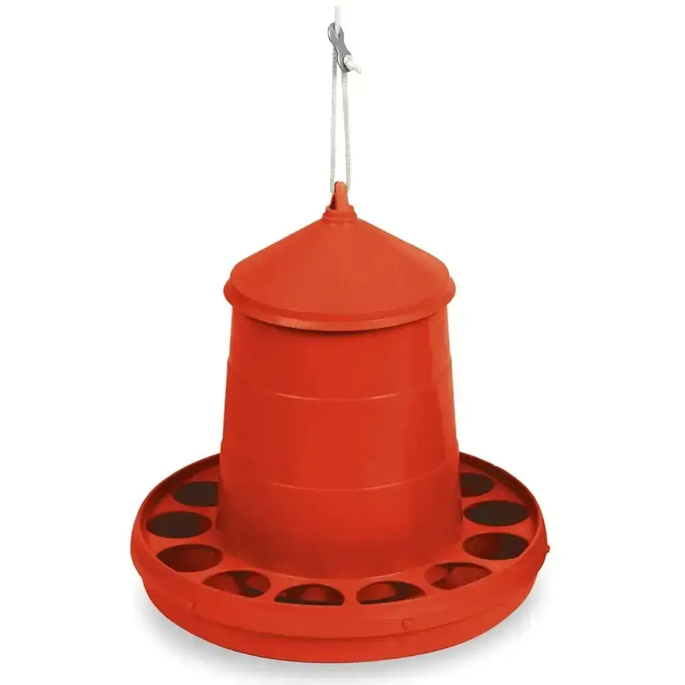 Red gaun poultry feeder plastic featuring a durable plastic feeder with conical body and multiple feeding slots