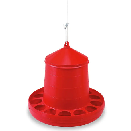 Red plastic gaun poultry feeder with conical top and circular base multiple feeding slots durable plastic feeder