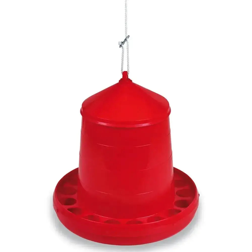 Red plastic gaun poultry feeder with a wide base and multiple feeding holes durable plastic feeder designed for chickens