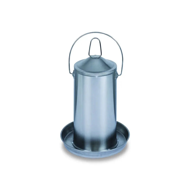 Gaun stainless steel chicken drinker with silver metallic cylindrical design handle and matching circular base for poultry