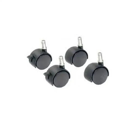 Set of four black plastic gaun wheels with metallic axles for floored quail cages and quail cage spare wheels