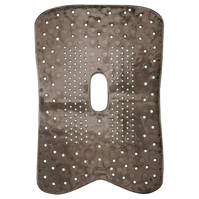 Dark gray textured gel-eze saddle pad made of shock absorbing gel with circular holes and central oval cutout for correction