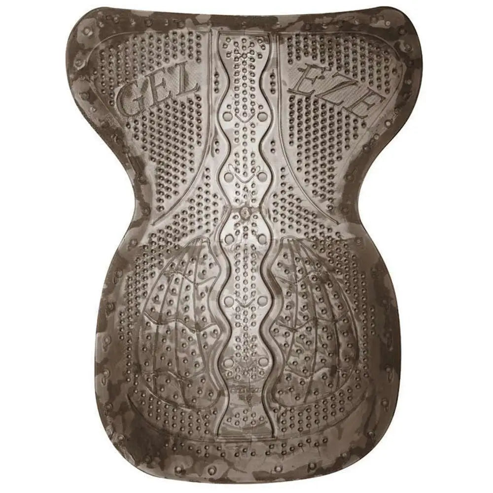 Dark gray gel-eze shaped saddle pad with textured dotted gel surface and embossed gel branding for riding comfort