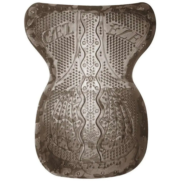 Dark gray gel-eze shaped saddle pad with textured dotted gel surface and embossed gel branding for riding comfort