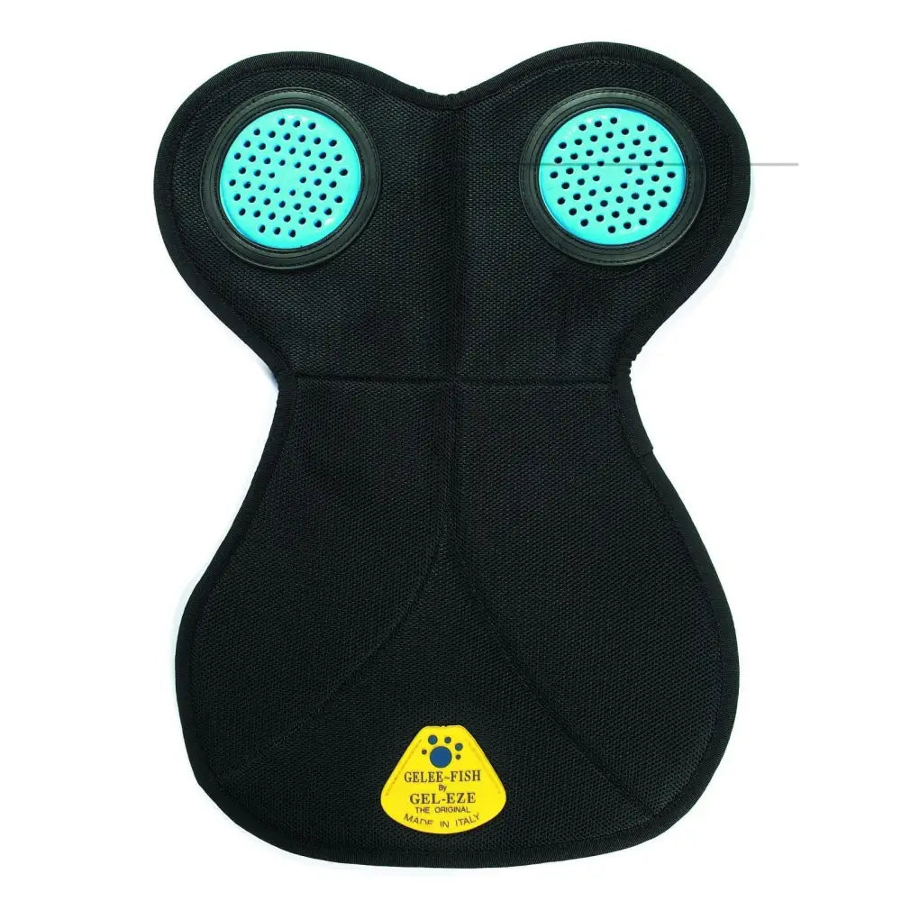 Black gel-eze pet cooling pad with turquoise gel inserts and yellow label for extra cushioning in gelee fish front riser