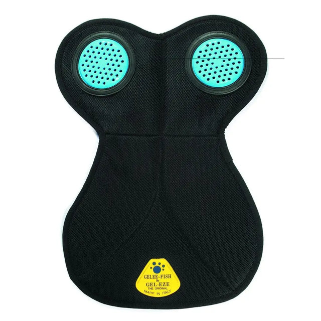 Black gel-eze pet cooling pad with turquoise gel inserts and yellow label for extra cushioning in gelee fish front riser
