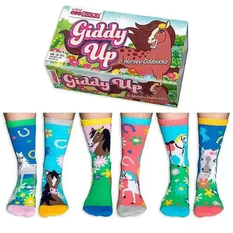 Colorful horsey odd socks in a box with fun giddy horse and horseshoe designs on vibrant backgrounds