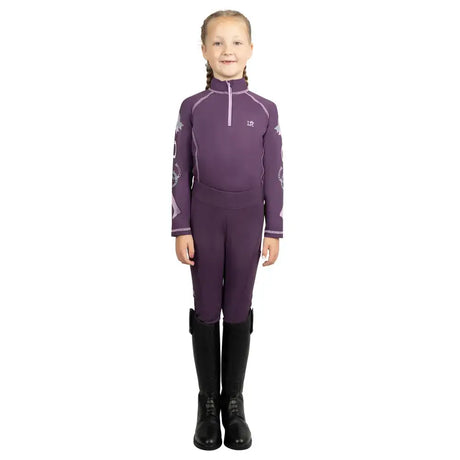 Purple long-sleeved gymkhana base layer with light purple trim and subtle white horse graphics by little rider