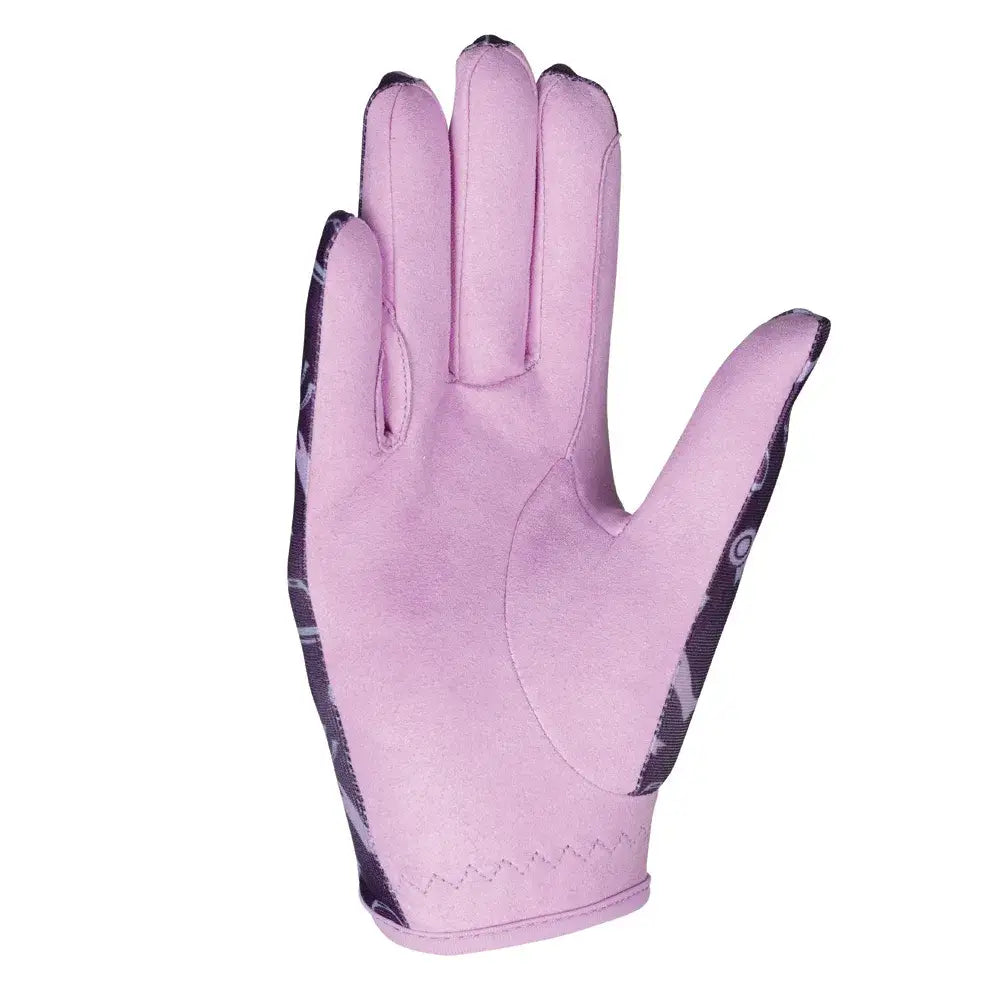 Pink giddy up gymkhana riding gloves by little rider with textured palm and black gray accents for better grip