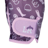 Purple gymkhana riding gloves with white horse patterns and pink velcro strap with lr crown logo by little rider