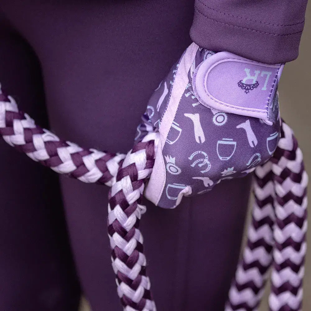 Purple and white braided rope with matching patterned glove featuring horse icons in giddy up gymkhana riding gloves