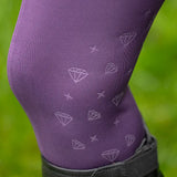 Purple gymkhana riding tights by little rider with subtle white diamond and star outlines perfect for riding tights fans