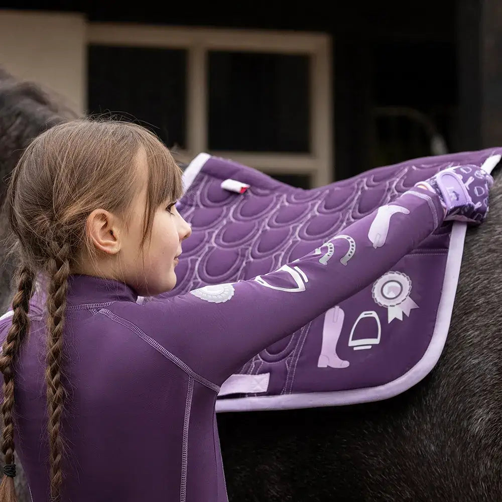 Purple quilted giddy up gymkhana saddle pad by little rider with white embroidered horse motifs for gymkhana saddle use