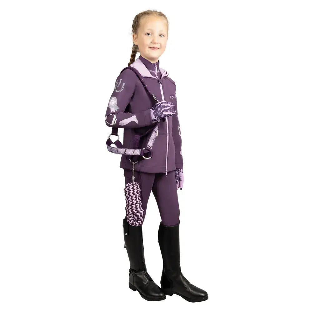 Purple equestrian gymkhana zip jacket by little rider with white silver accents high collar and zippered front