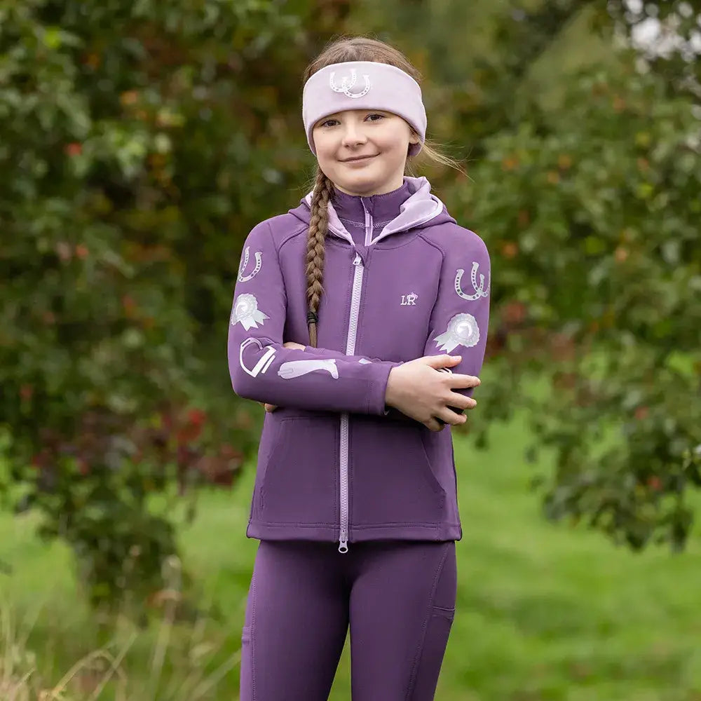 Purple gymkhana zip jacket with white horse and horseshoe embroidery paired with matching leggings and headband