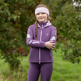 Purple gymkhana zip jacket with white horse and horseshoe embroidery paired with matching leggings and headband