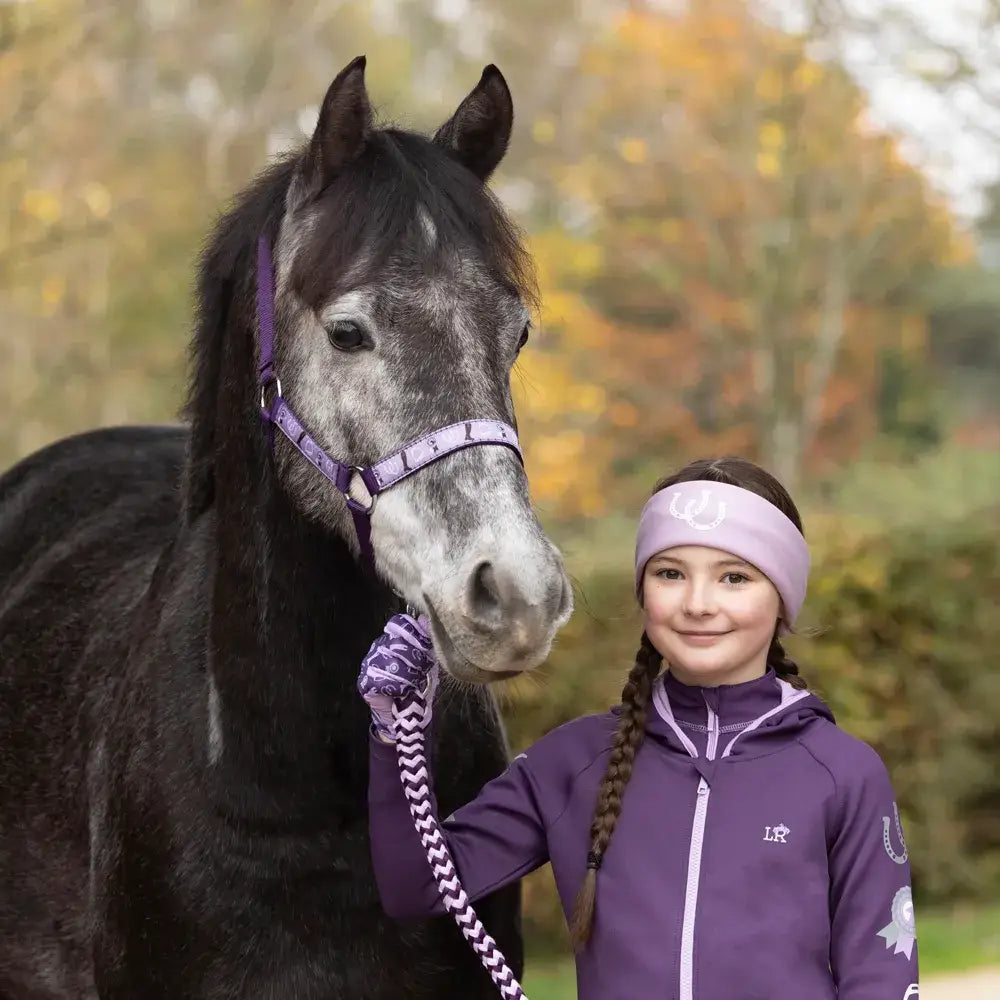 Purple and white chevron pattern horse halter with matching lead rope for giddy up gymkhana zip jacket by little rider