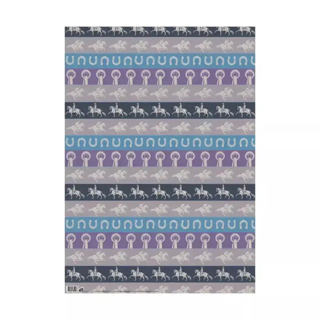 Equestrian gift wrap for horse lovers with white horse silhouettes horseshoes and ribbons on gray purple teal 500x700mm