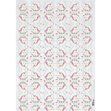 White paper gift wrap happy birthday unicorns with pastel pink and cream unicorns in floral wreaths pattern