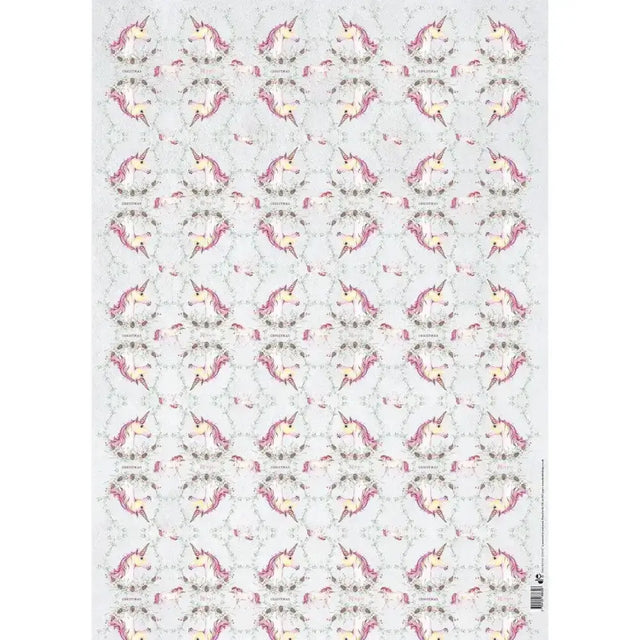 White paper gift wrap happy birthday unicorns with pastel pink and cream unicorns in floral wreaths pattern