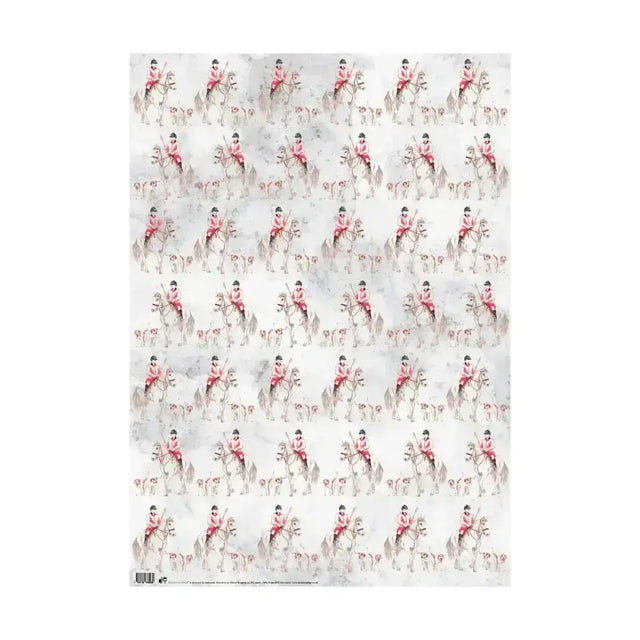 A 500x700mm gift wrap huntsman sheet featuring a pink huntsman and hounds pattern on textured light gray background