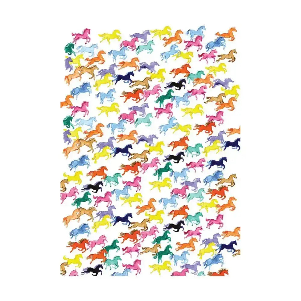 A vibrant sheet of gift wrap rainbow horse stickers with colorful rainbow ponies and playful silhouettes