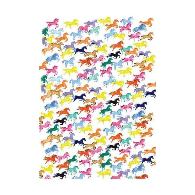 A vibrant sheet of gift wrap rainbow horse stickers with colorful rainbow ponies and playful silhouettes