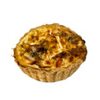Ginger cat 3 cheese quiche with golden brown flaky crust filled with melted cheese, blue cheese, onions, and herbs