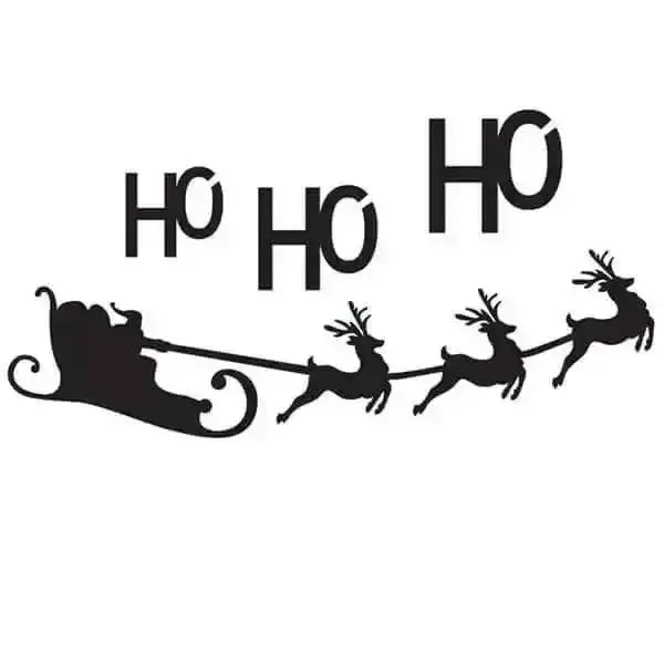 Black silhouette glamourati horse stencils christmas wall decal featuring santa in sleigh with reindeer and ho ho ho text