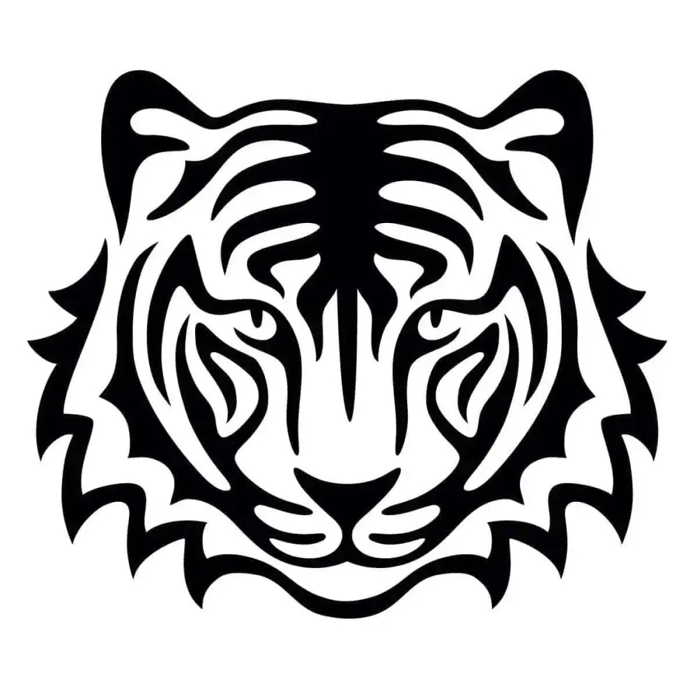 Stylized black tiger head decal with bold tribal lines on white background from glamourati horse stencils tiger collection