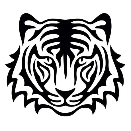 Stylized black tiger head decal with bold tribal lines on white background from glamourati horse stencils tiger collection